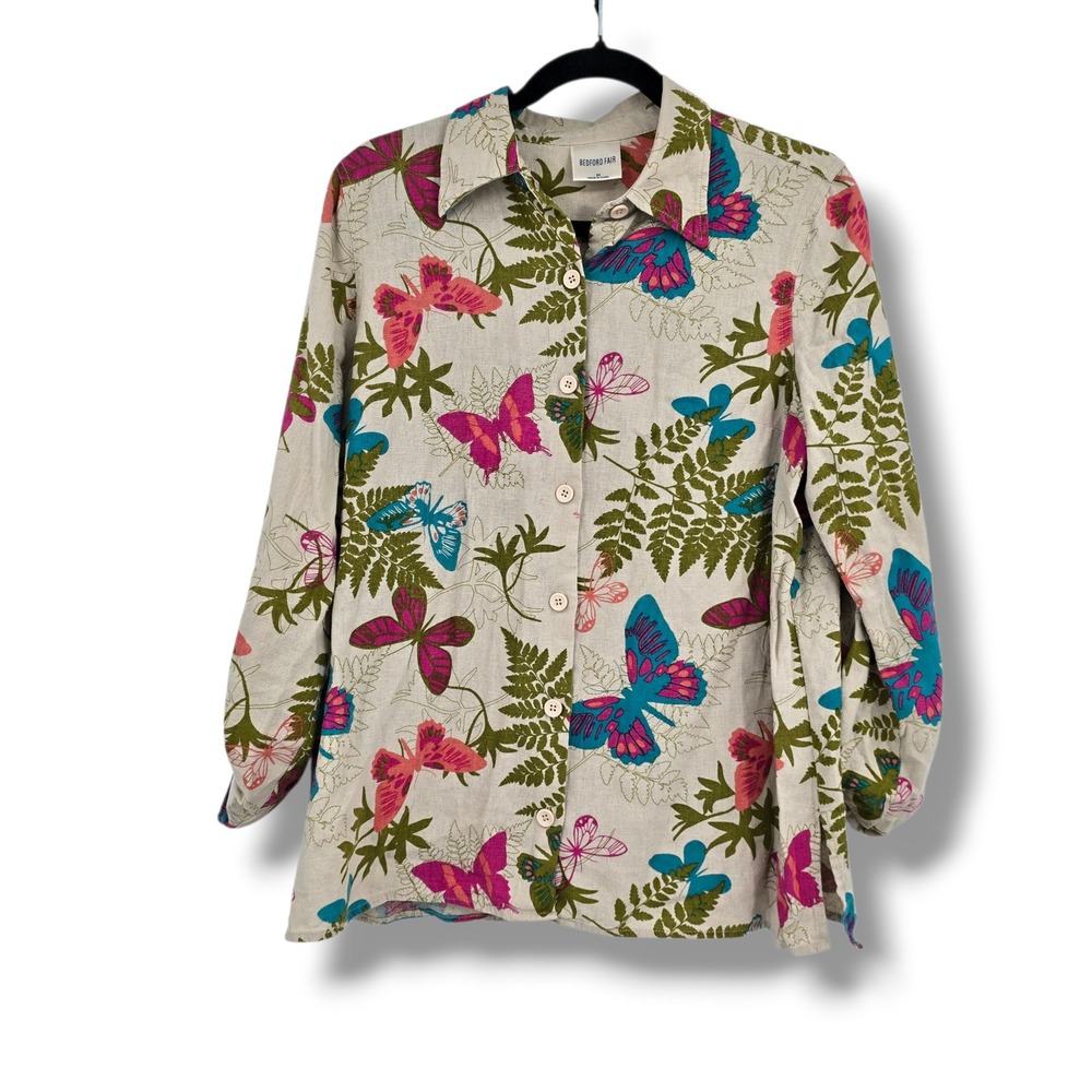 Bedford Fair Womens Medium Linen Blend Butterfly Fern Print Button‎ Front Shirt